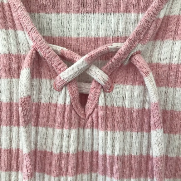 "Lucky Brand Pink Striped Ribbed Lace Up V-neck Sweater Top sz L - Picture 3 of 4
